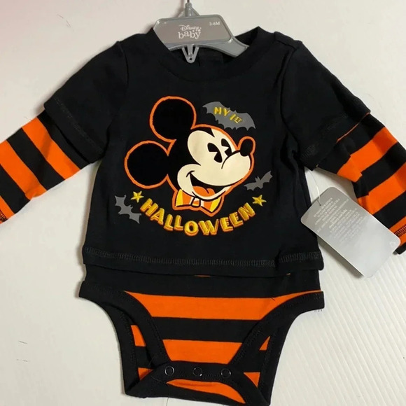 DISNEY BABY NEW BLACK MICKEY MOUSE HALLOWEEN ONSIE TOP SHIRT SZ 3 6 9 12 MONTHS - Picture 1 of 5